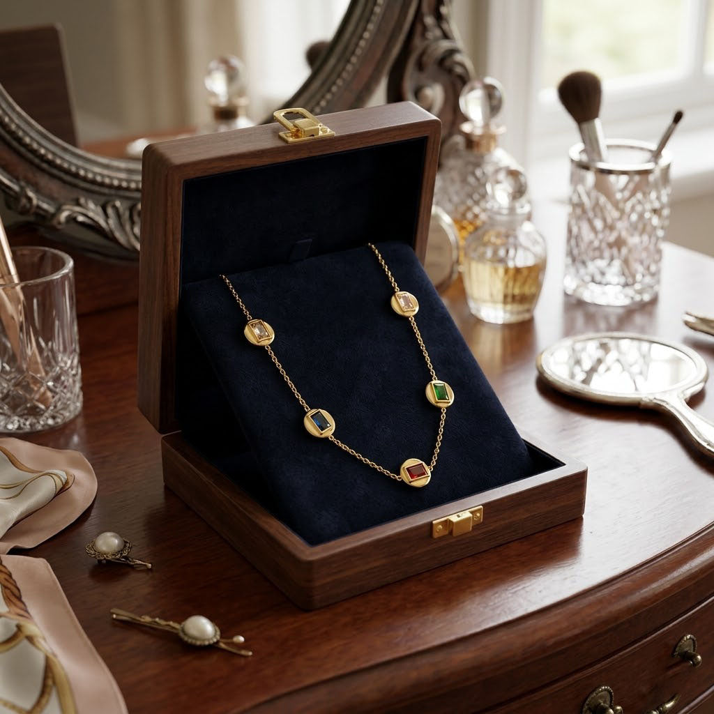Gold Plated Station Necklace with Dainty Ruby & Emerald Baguettes Delicate Chain