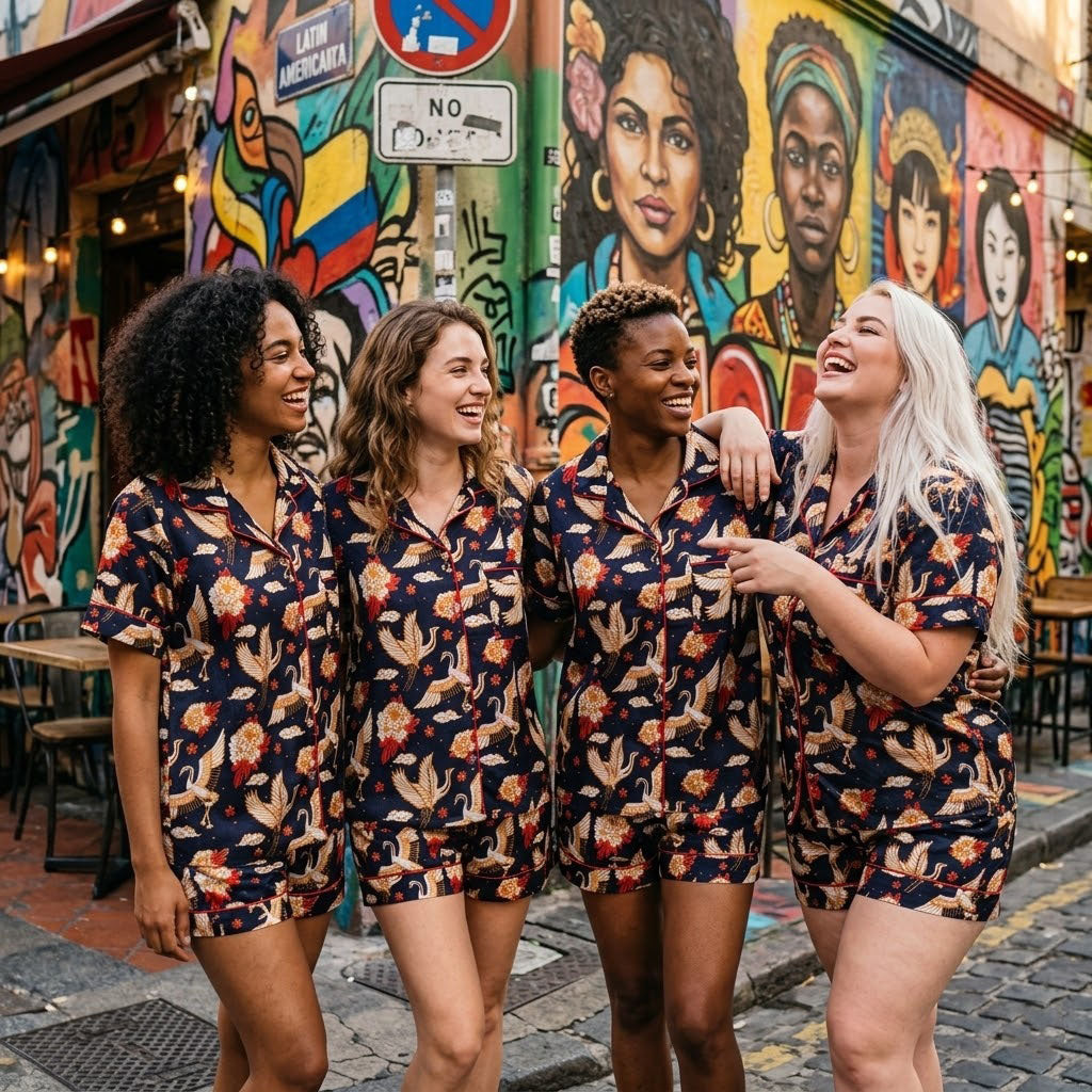 Women Crane Print Short Pajama Set Lightweight Black Cotton Feel Lounge Wear