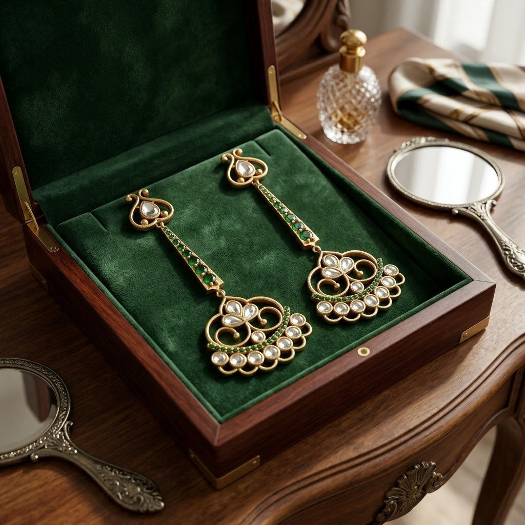 Elegant Gold Plated Emerald Green Chandbali Drop Earrings with Kundan Work