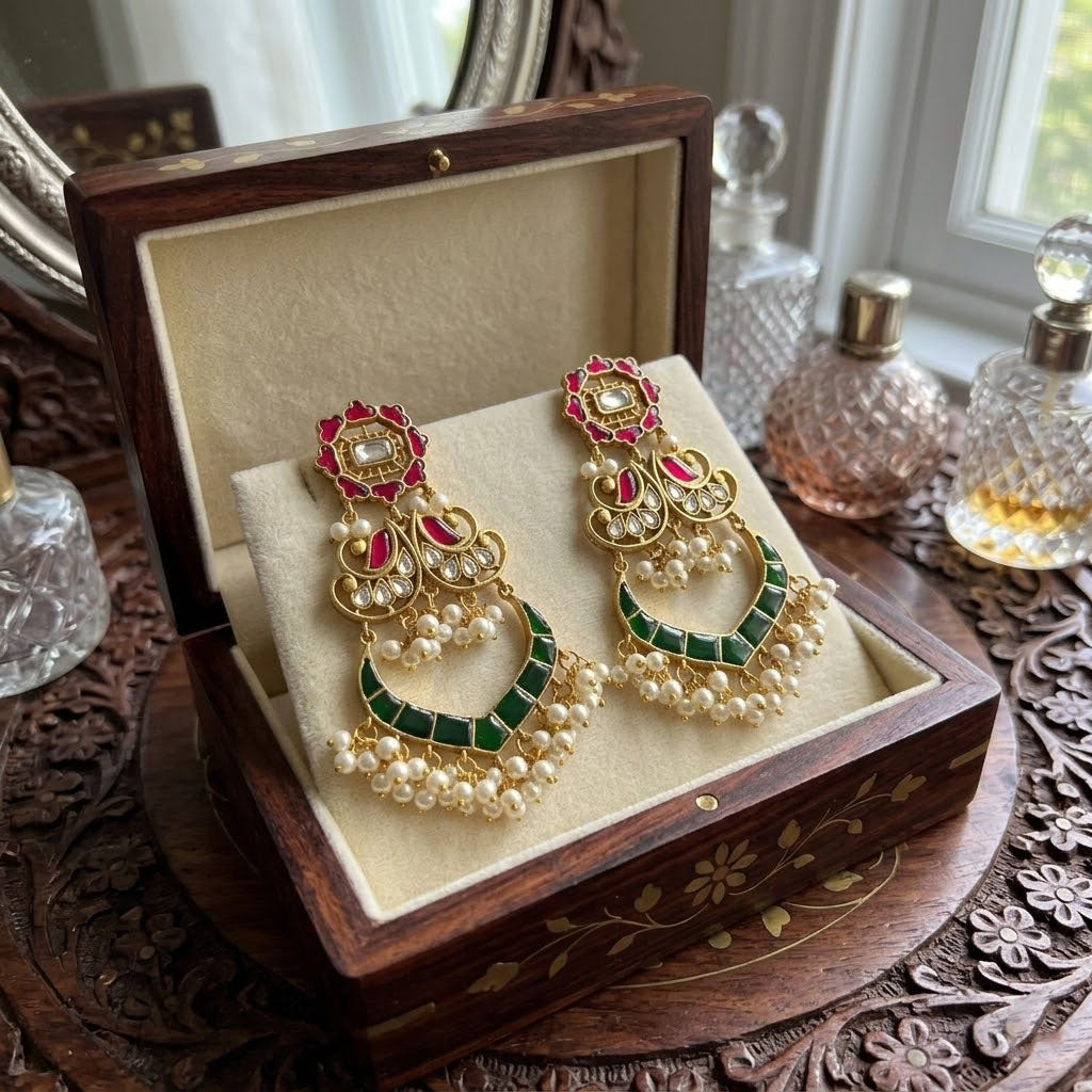 Gold Plated Kundan Chandbali Earrings with Ruby Green Stones & Pearls