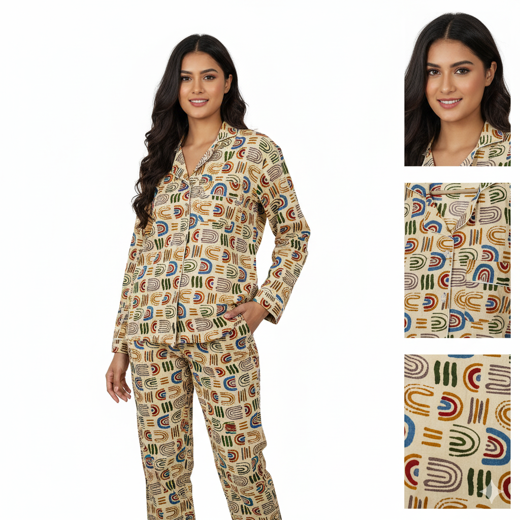 Women Floral Stripe Summer Sleepwear Gypsy Cotton Gray Night wear Top-Pajama set