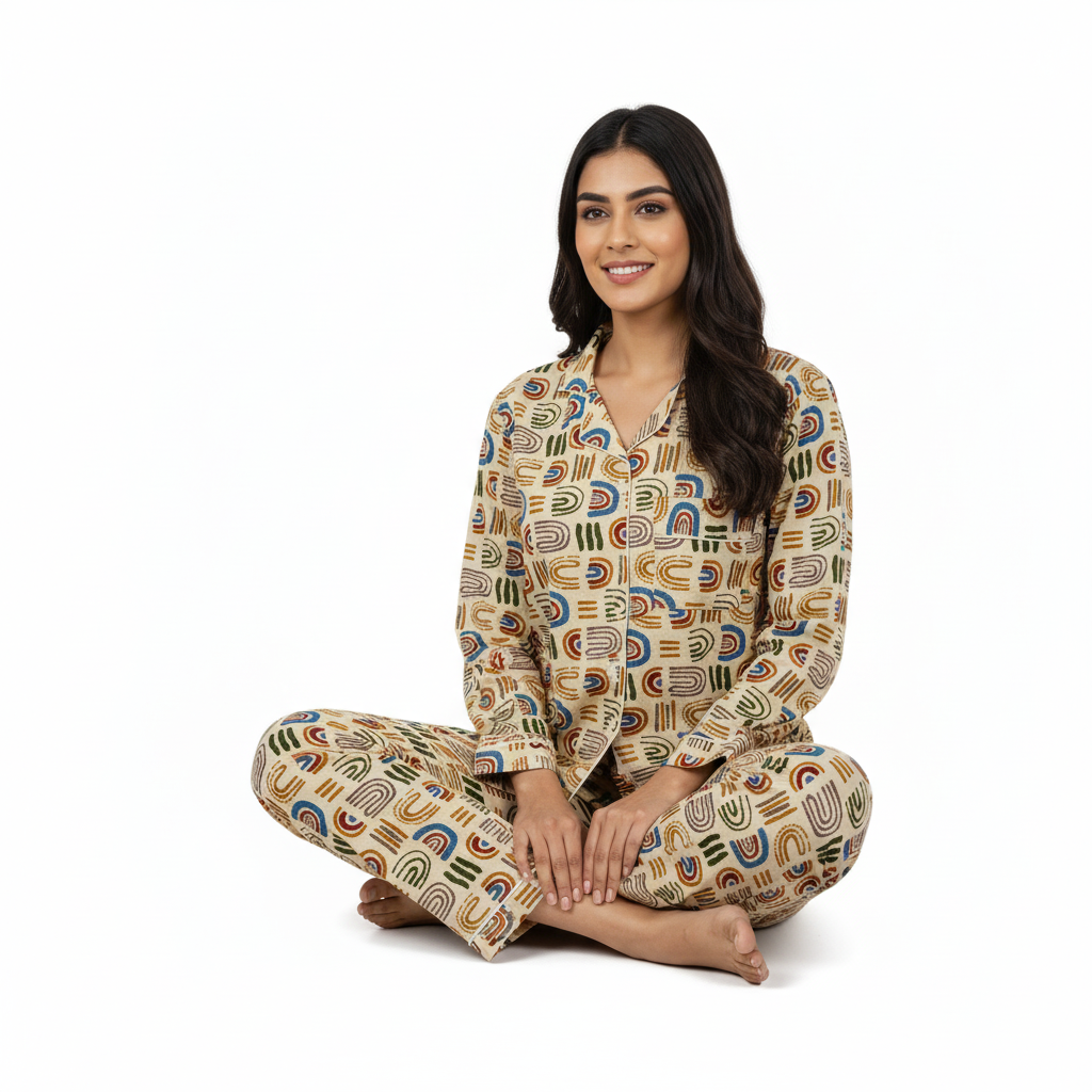 Women Floral Stripe Summer Sleepwear Gypsy Cotton Gray Night wear Top-Pajama set