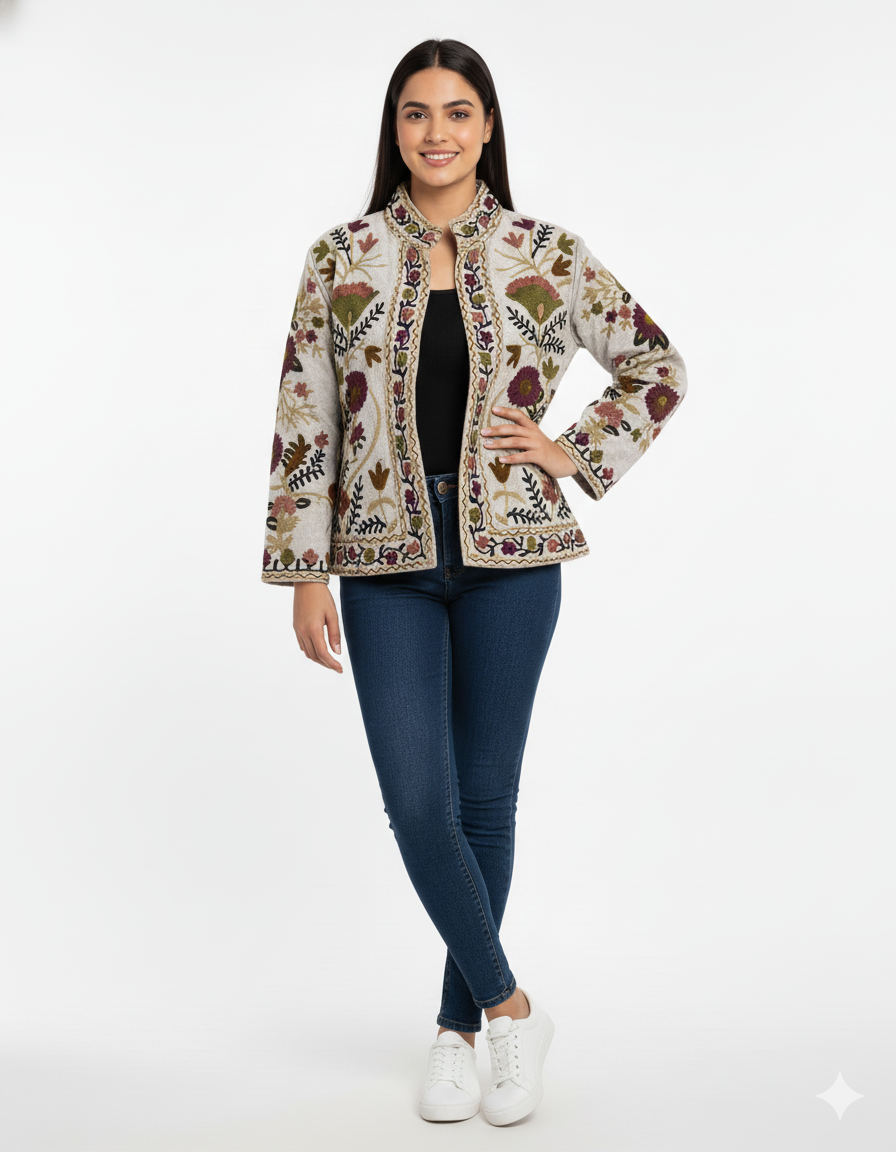Cotton Suzani Embroidered Short Jacket Women Lightweight Bomber Jacket Brown Perfect for Winter wear