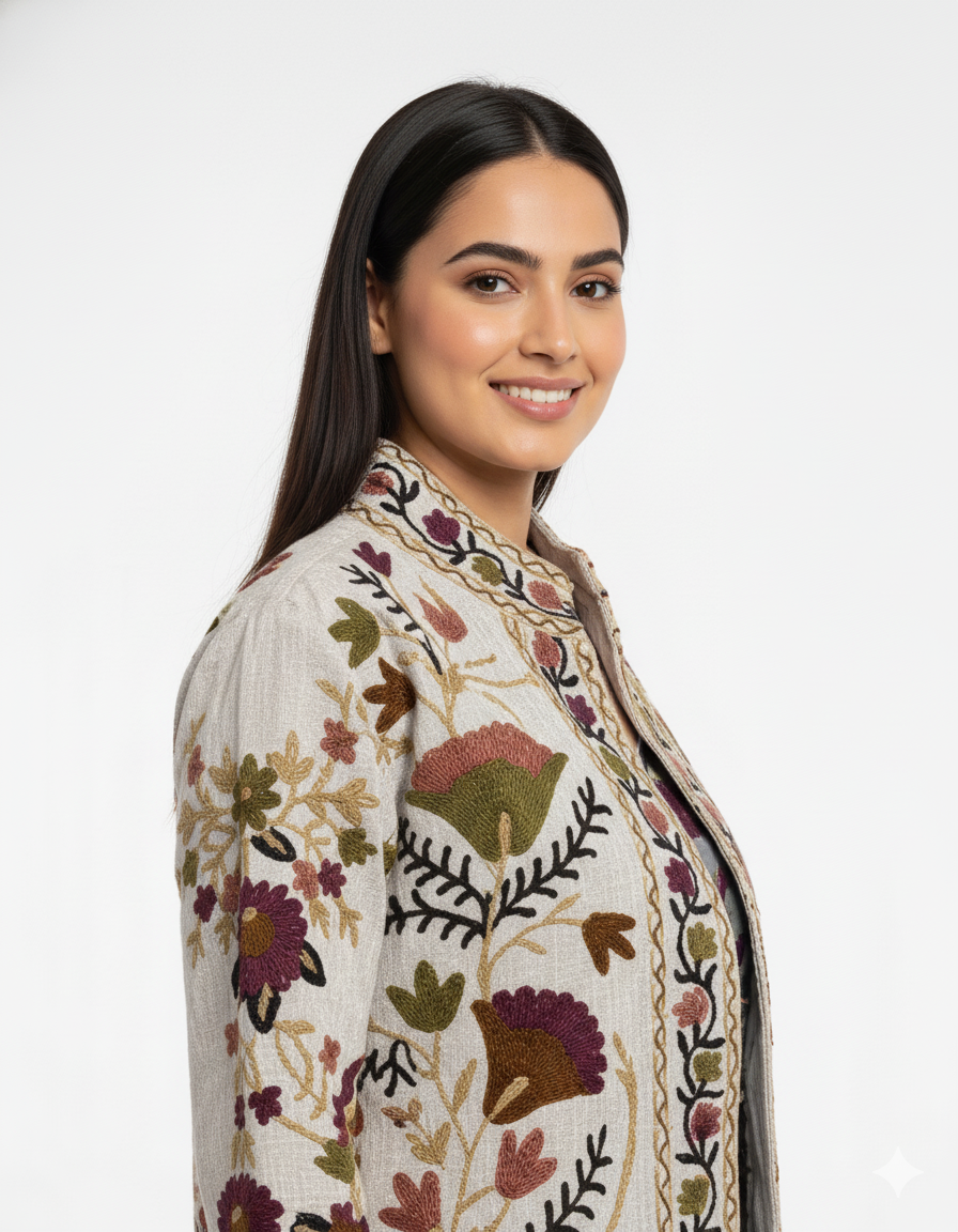 Cotton Suzani Embroidered Short Jacket Women Lightweight Bomber Jacket Brown Perfect for Winter wear