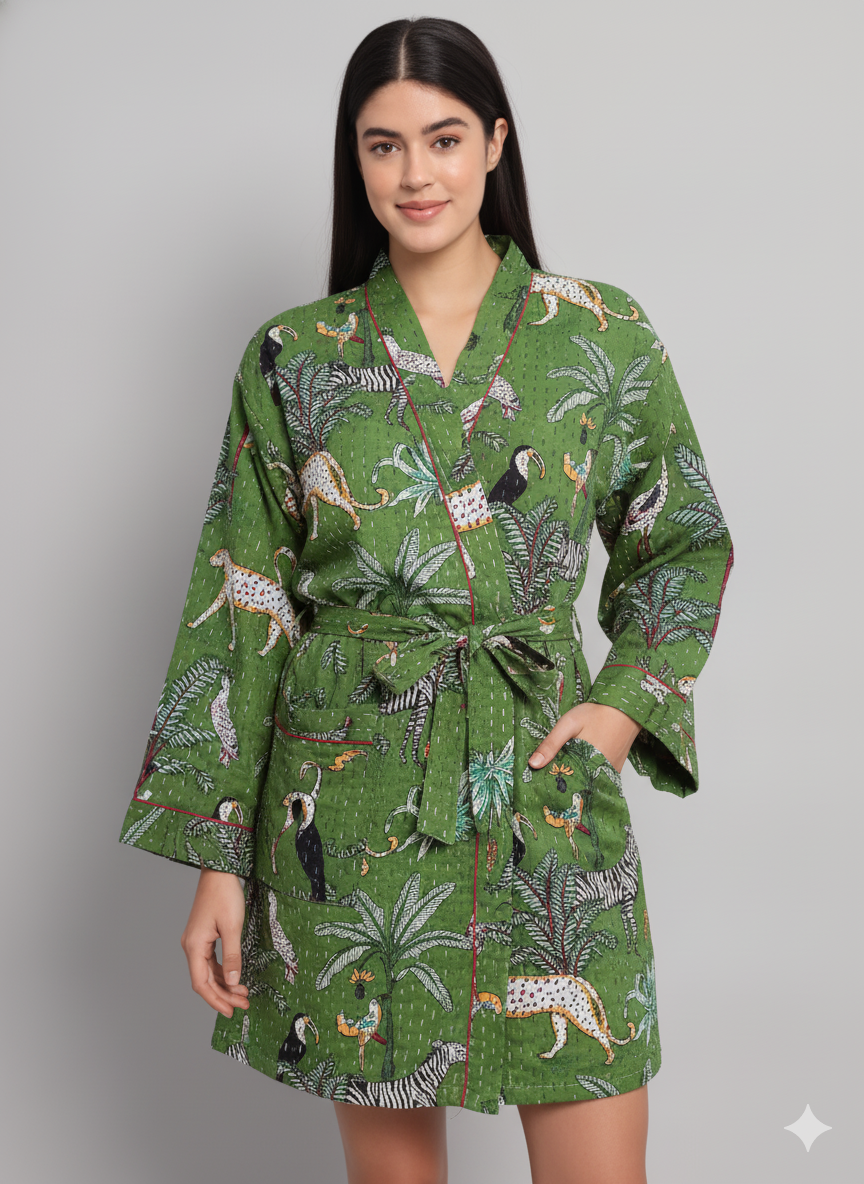 Lightweight Cotton Animal Print Green Handstitched Front Open Free Size Women Jacket Mid-Length