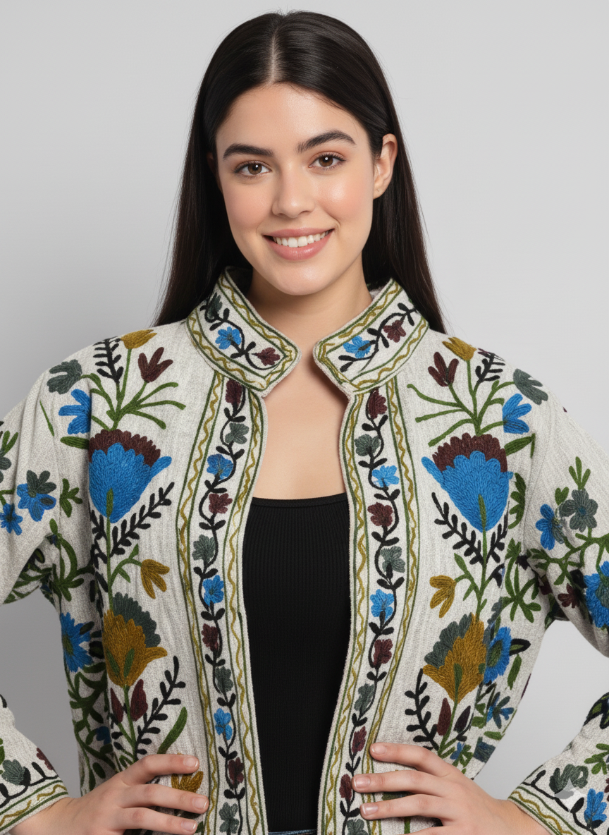 Cotton Suzani Embroidered Short Jacket Blue Women Lightweight Bomber Jacket Perfect for Winter wear