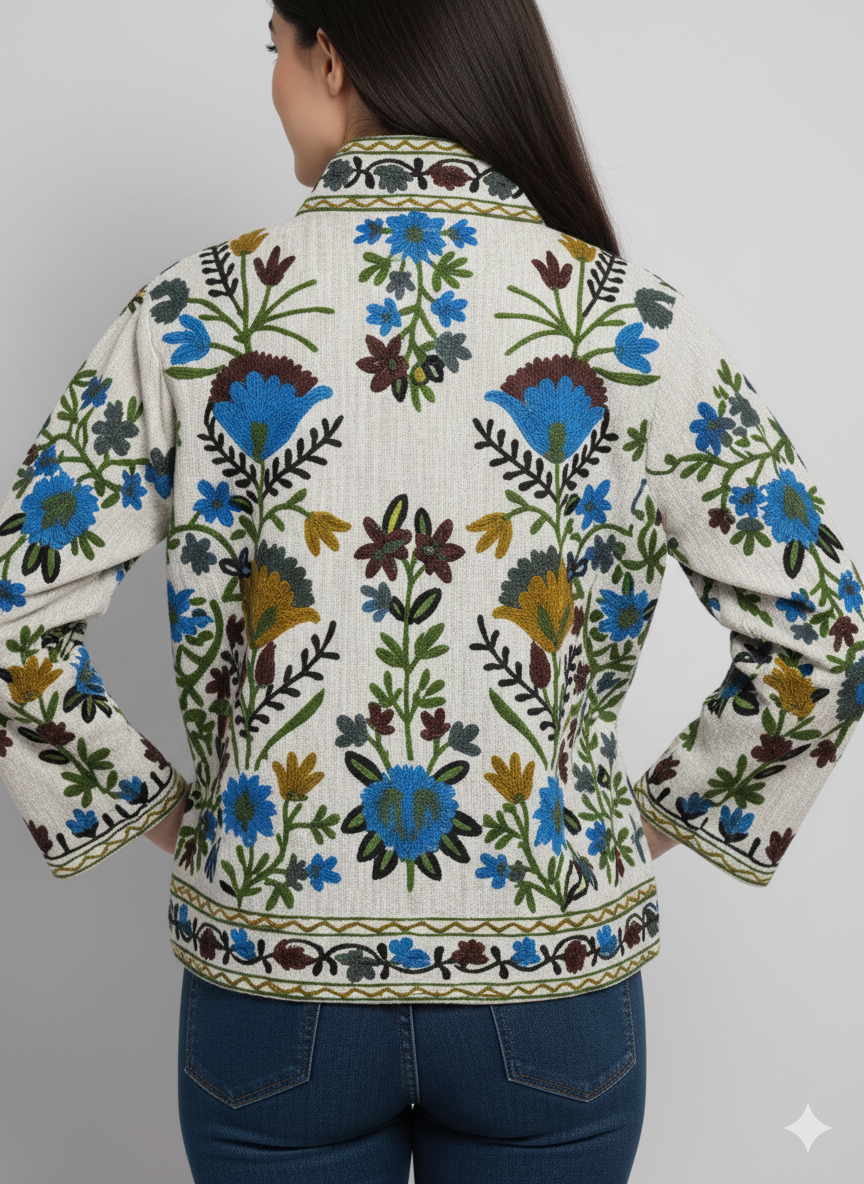 Cotton Suzani Embroidered Short Jacket Blue Women Lightweight Bomber Jacket Perfect for Winter wear