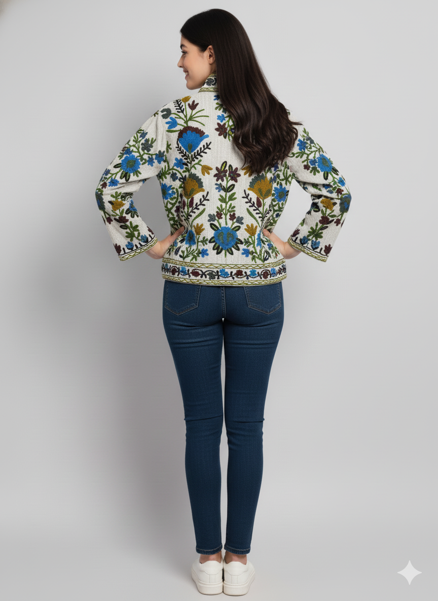 Cotton Suzani Embroidered Short Jacket Blue Women Lightweight Bomber Jacket Perfect for Winter wear