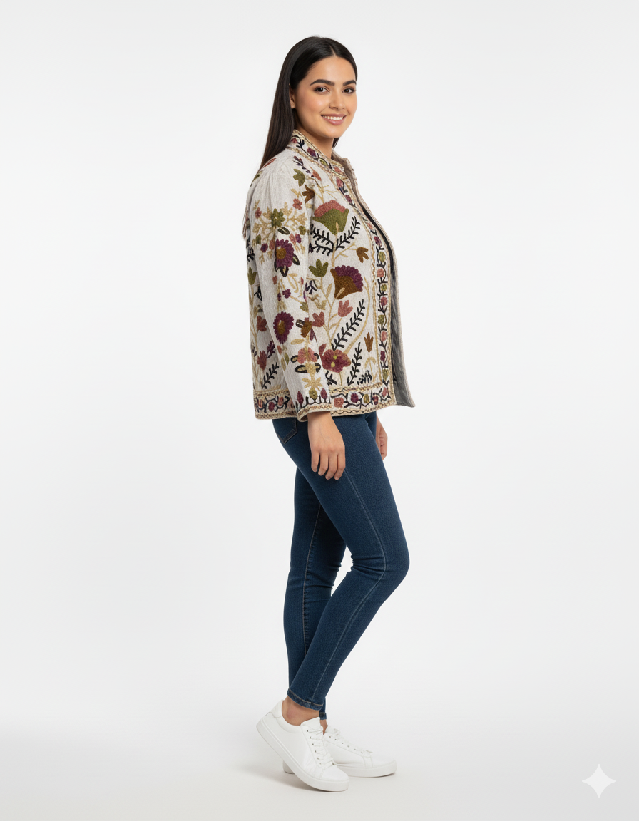 Cotton Suzani Embroidered Short Jacket Women Lightweight Bomber Jacket Brown Perfect for Winter wear
