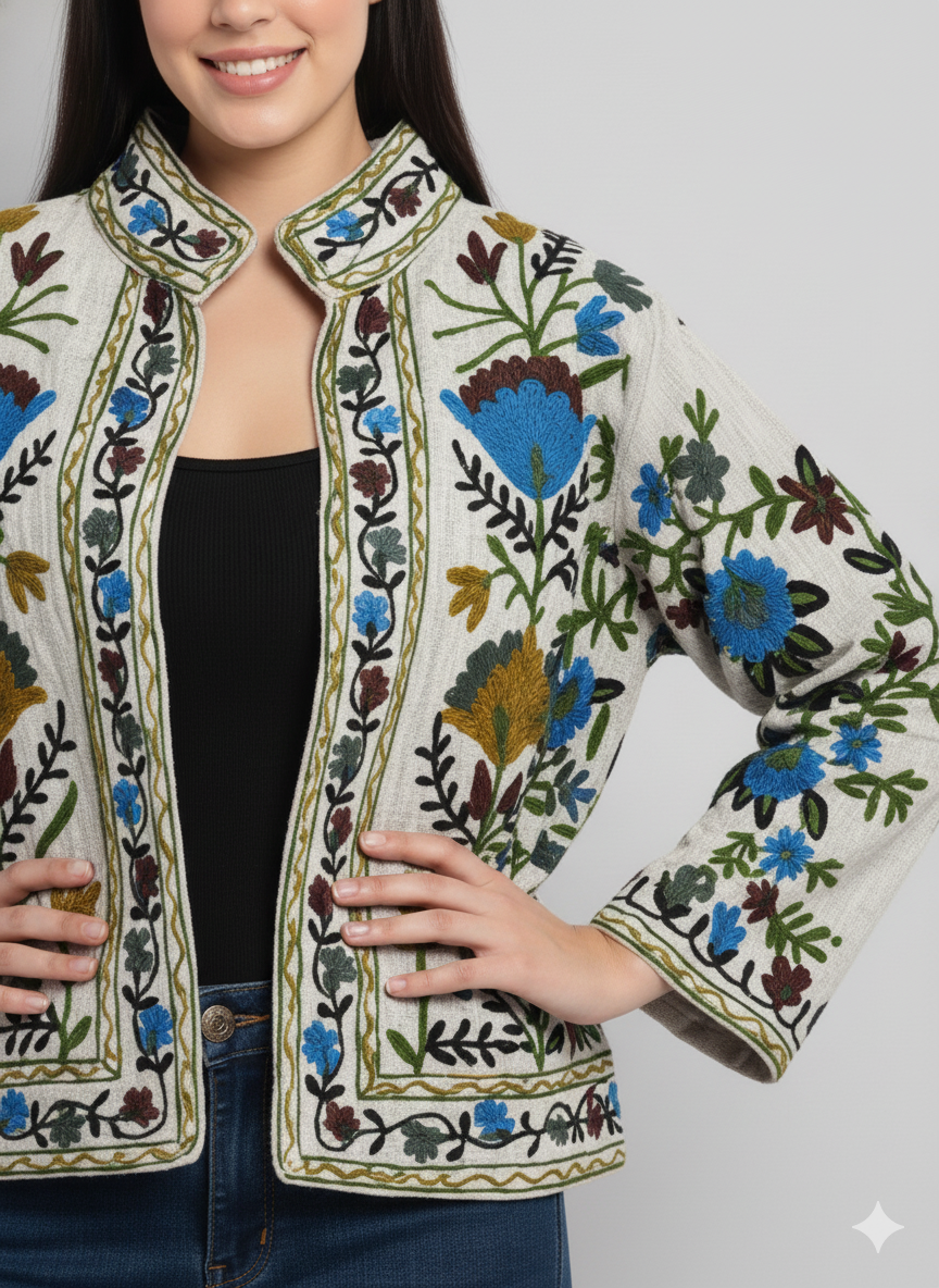 Cotton Suzani Embroidered Short Jacket Blue Women Lightweight Bomber Jacket Perfect for Winter wear