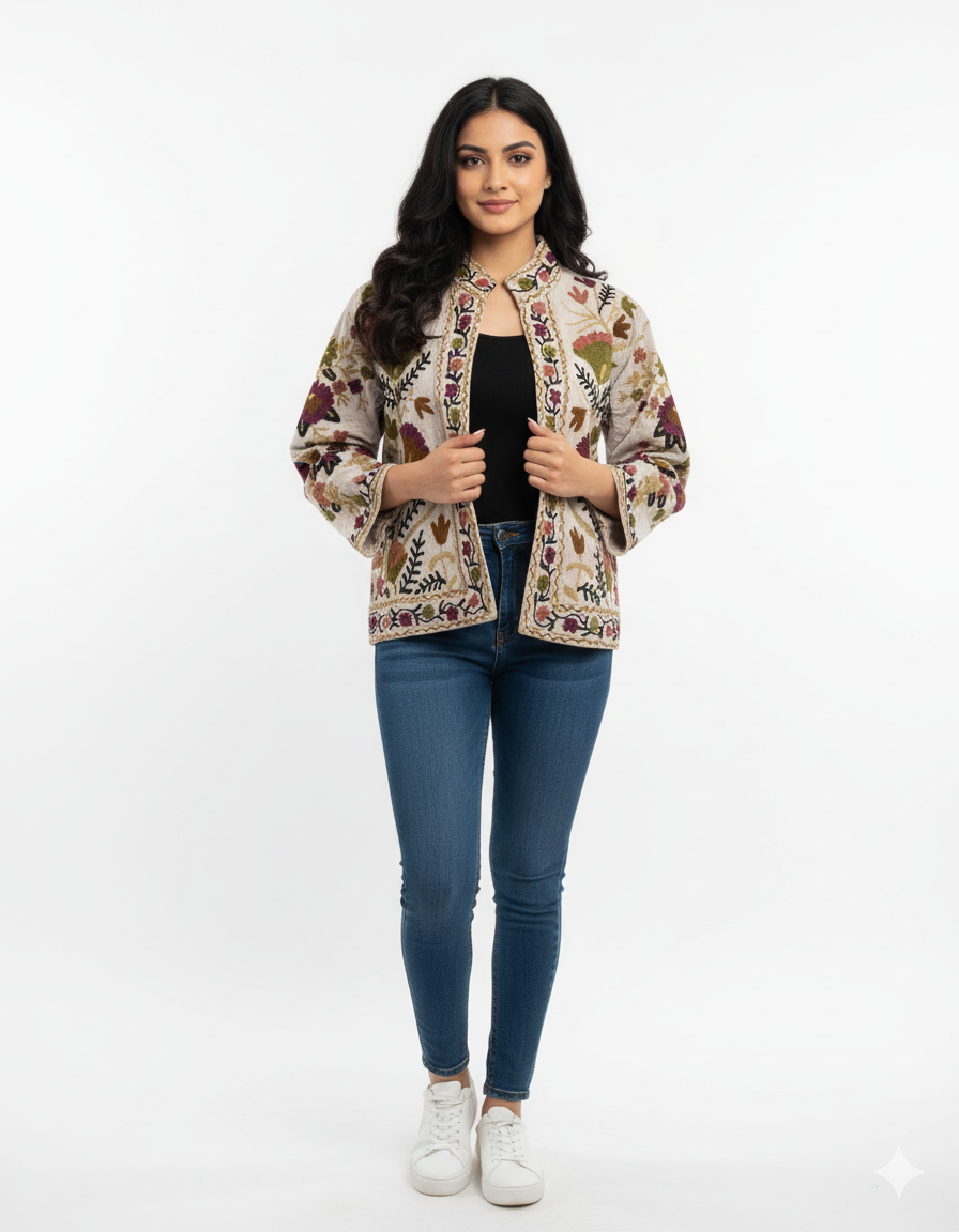 Cotton Suzani Embroidered Short Jacket Women Lightweight Bomber Jacket Brown Perfect for Winter wear