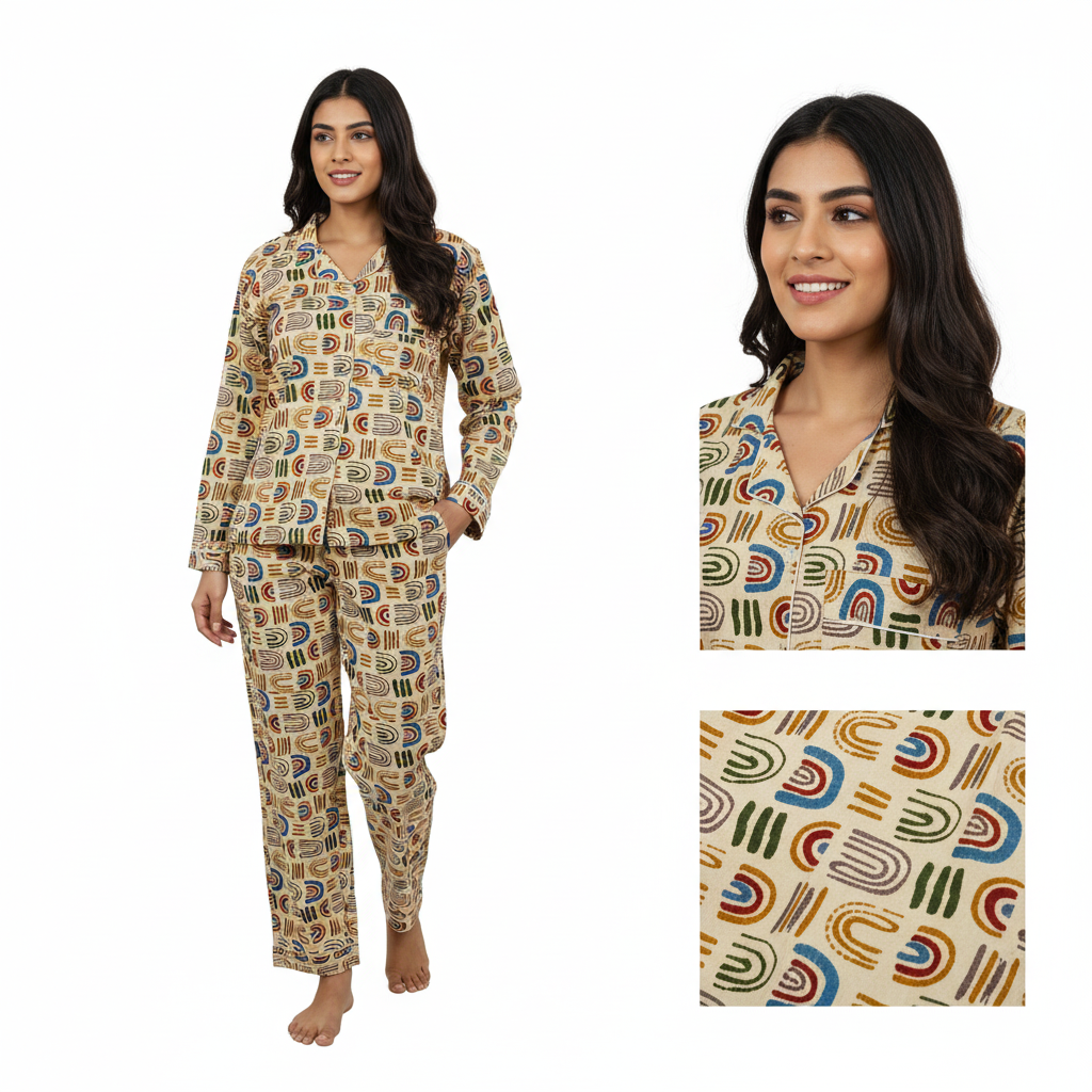 Women Floral Stripe Summer Sleepwear Gypsy Cotton Gray Night wear Top-Pajama set