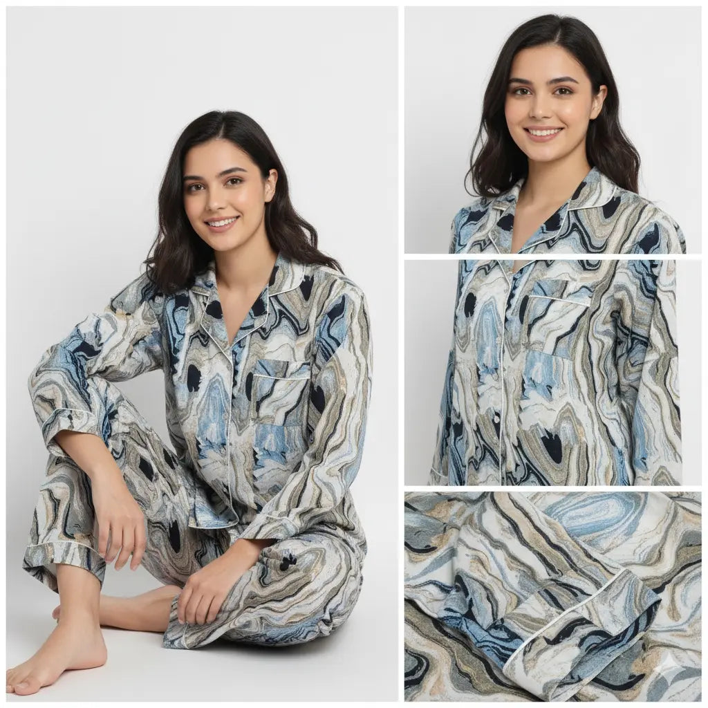 Women Abstract Summer Sleepwear Gypsy Cotton Blue Night wear Top-Pajama set Handicraft Trend