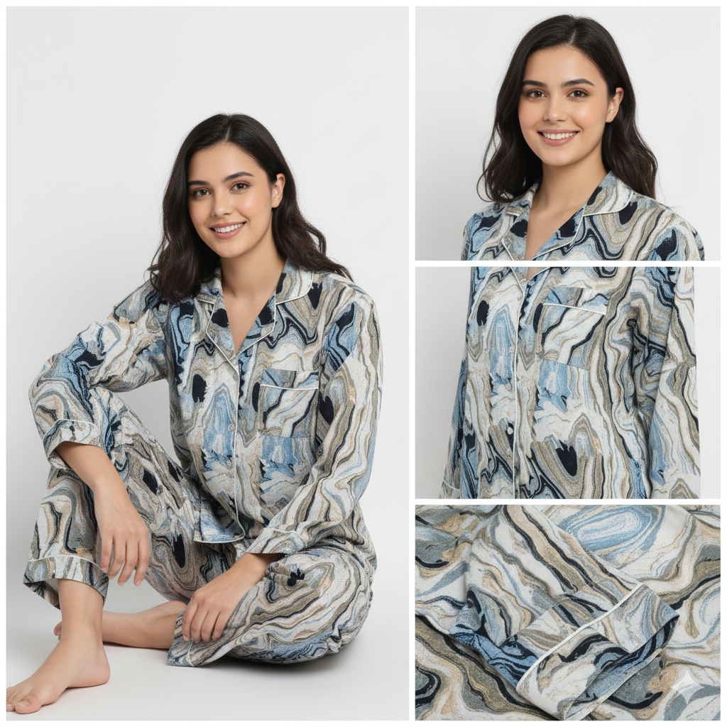 Women Abstract Summer Sleepwear Gypsy Cotton Blue Night wear Top-Pajama set