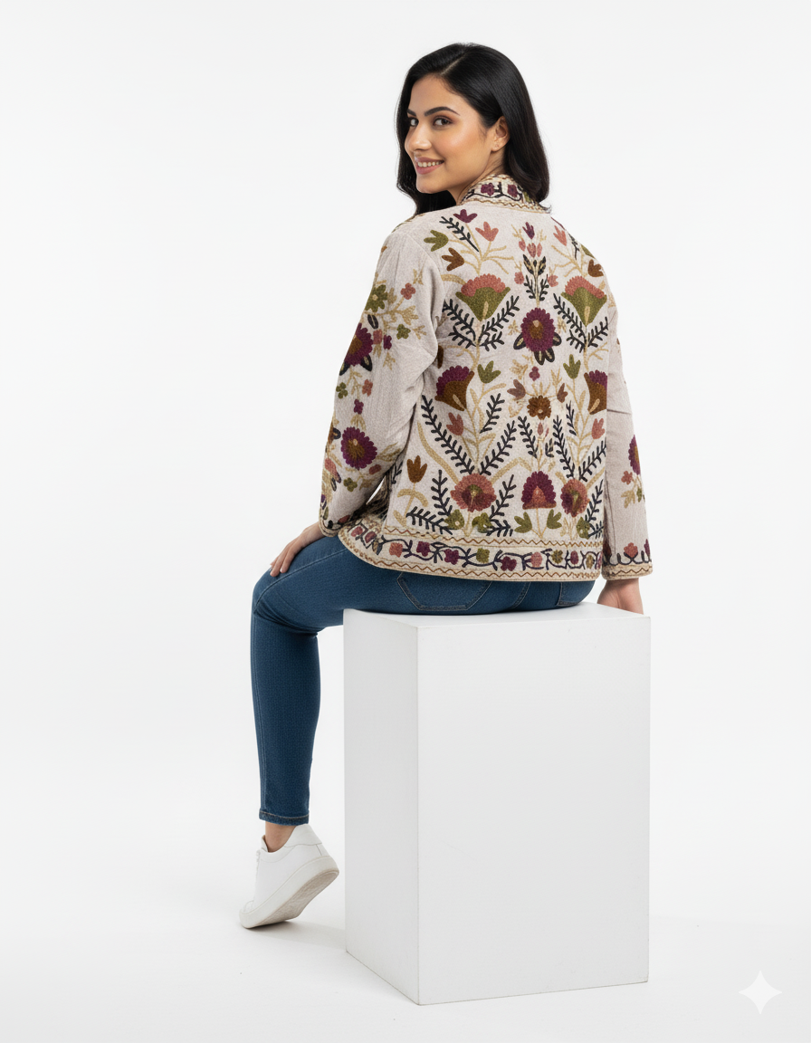 Cotton Suzani Embroidered Short Jacket Women Lightweight Bomber Jacket Brown Perfect for Winter wear