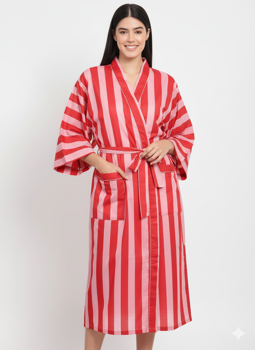 Stripe Print Bathrobe Cotton Kimono Robe Women Beach wear Red Ethnic Summer Beach Cover up