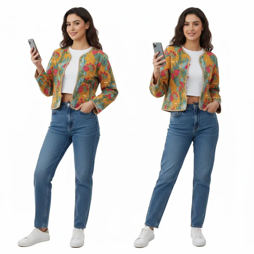 Lightweight Cotton Forest Print Floral Quilted Short Jacket Mustard Women Biker Jacket Perfect for Winter wear Handicraft Trend