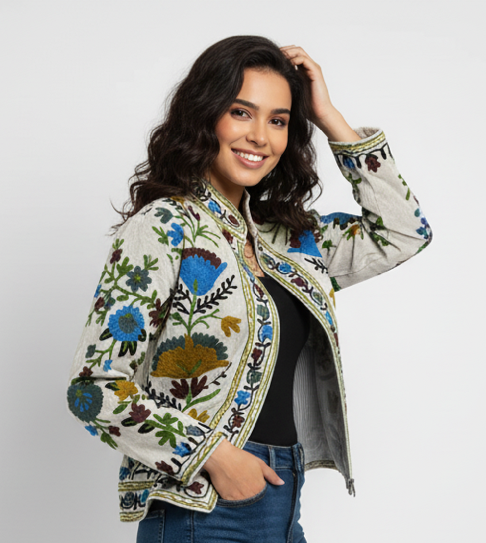 Cotton Suzani Embroidered Short Jacket Blue Women Lightweight Bomber Jacket Perfect for Winter wear