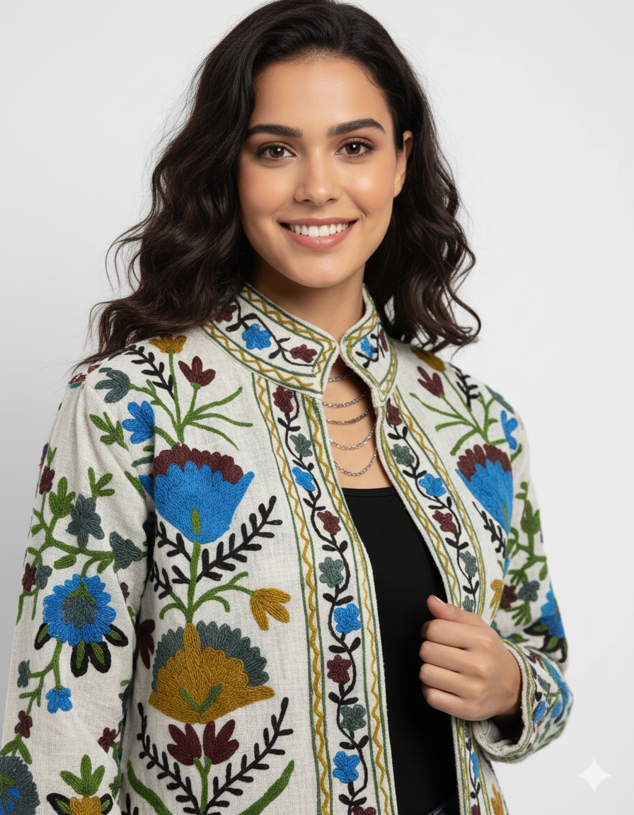 Cotton Suzani Embroidered Short Jacket Blue Women Lightweight Bomber Jacket Perfect for Winter wear