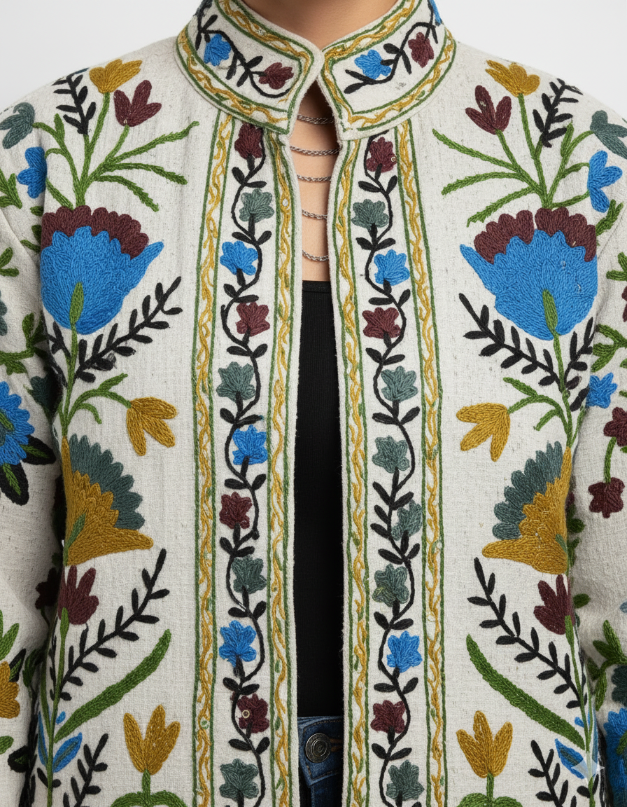 Cotton Suzani Embroidered Short Jacket Blue Women Lightweight Bomber Jacket Perfect for Winter wear