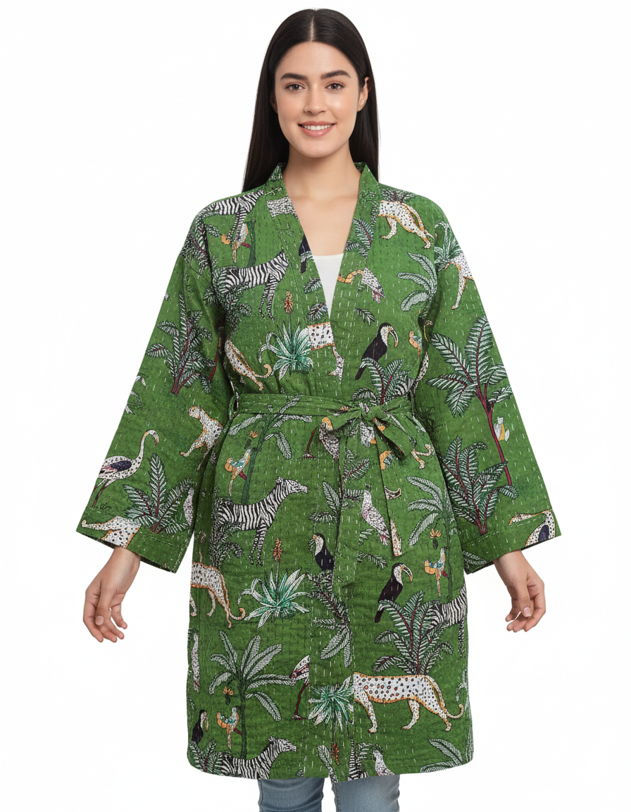 Lightweight Cotton Animal Print Green Handstitched Front Open Free Size Women Jacket Mid-Length