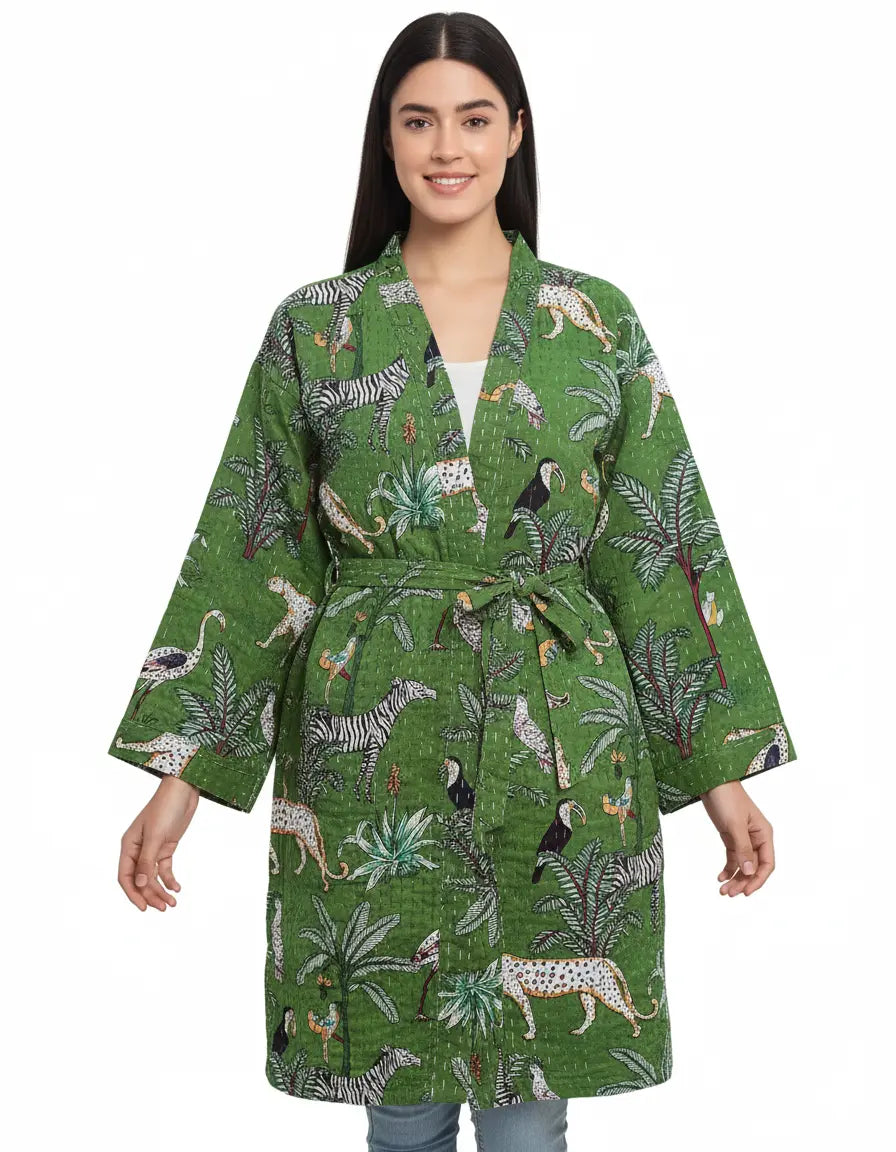 Lightweight Cotton Animal Print Green Handstitched Front Open Free Size Women Jacket Mid-Length Handicraft Trend