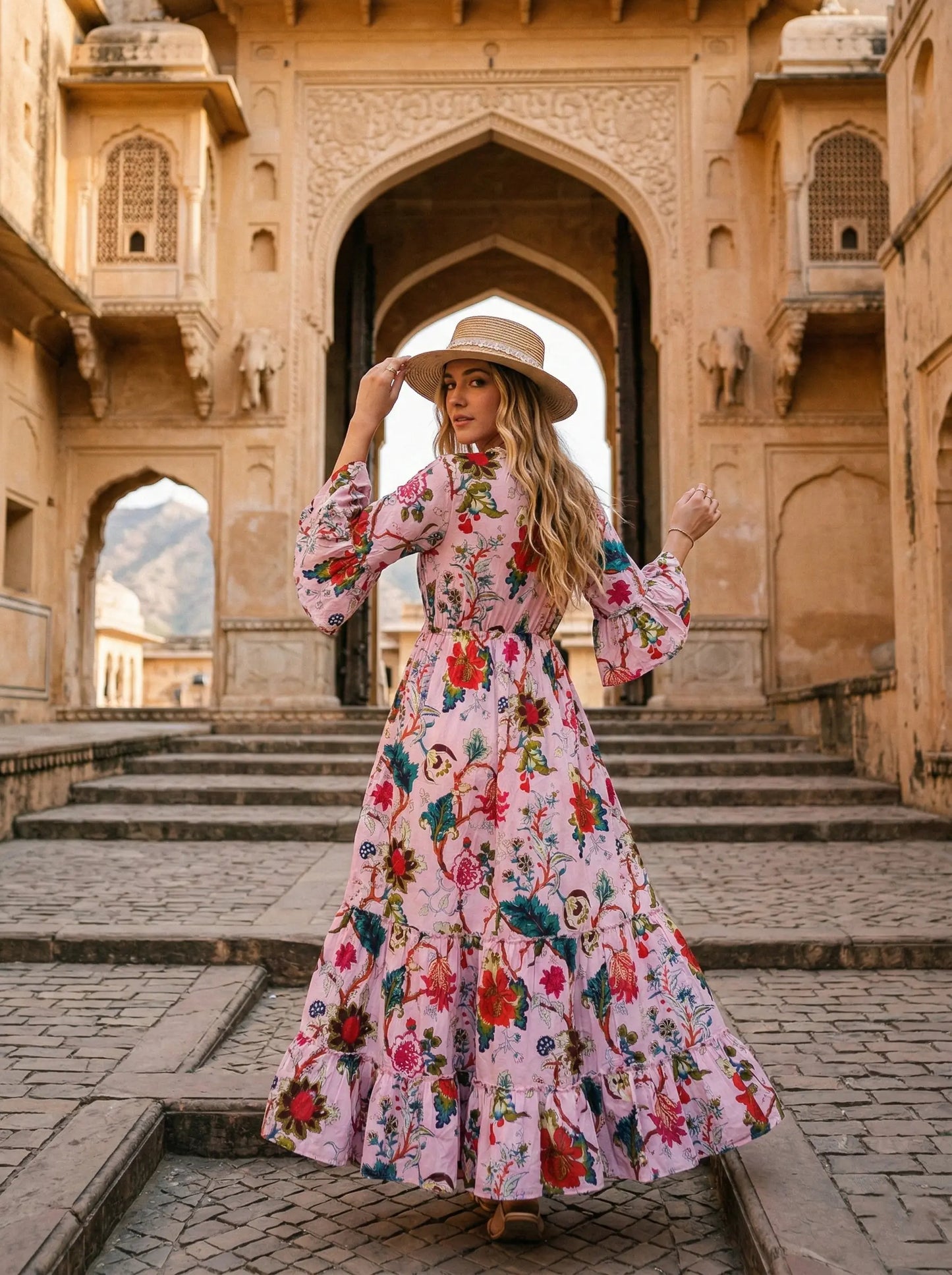 Indian Cotton Floral Print beach Cover up Pink Blouson Summer Party Wear Dress Handicraft Trend