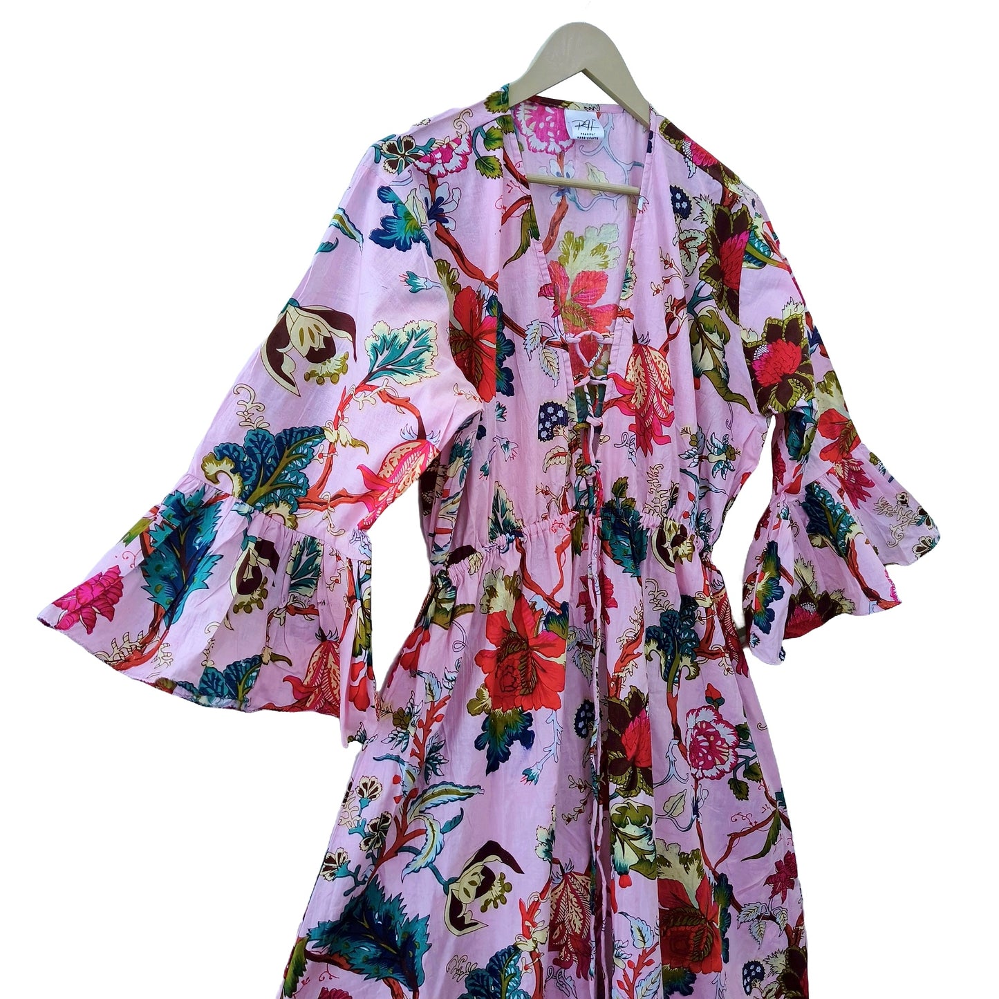 Indian Cotton Floral Print beach Cover up Pink Blouson Summer Party Wear Dress