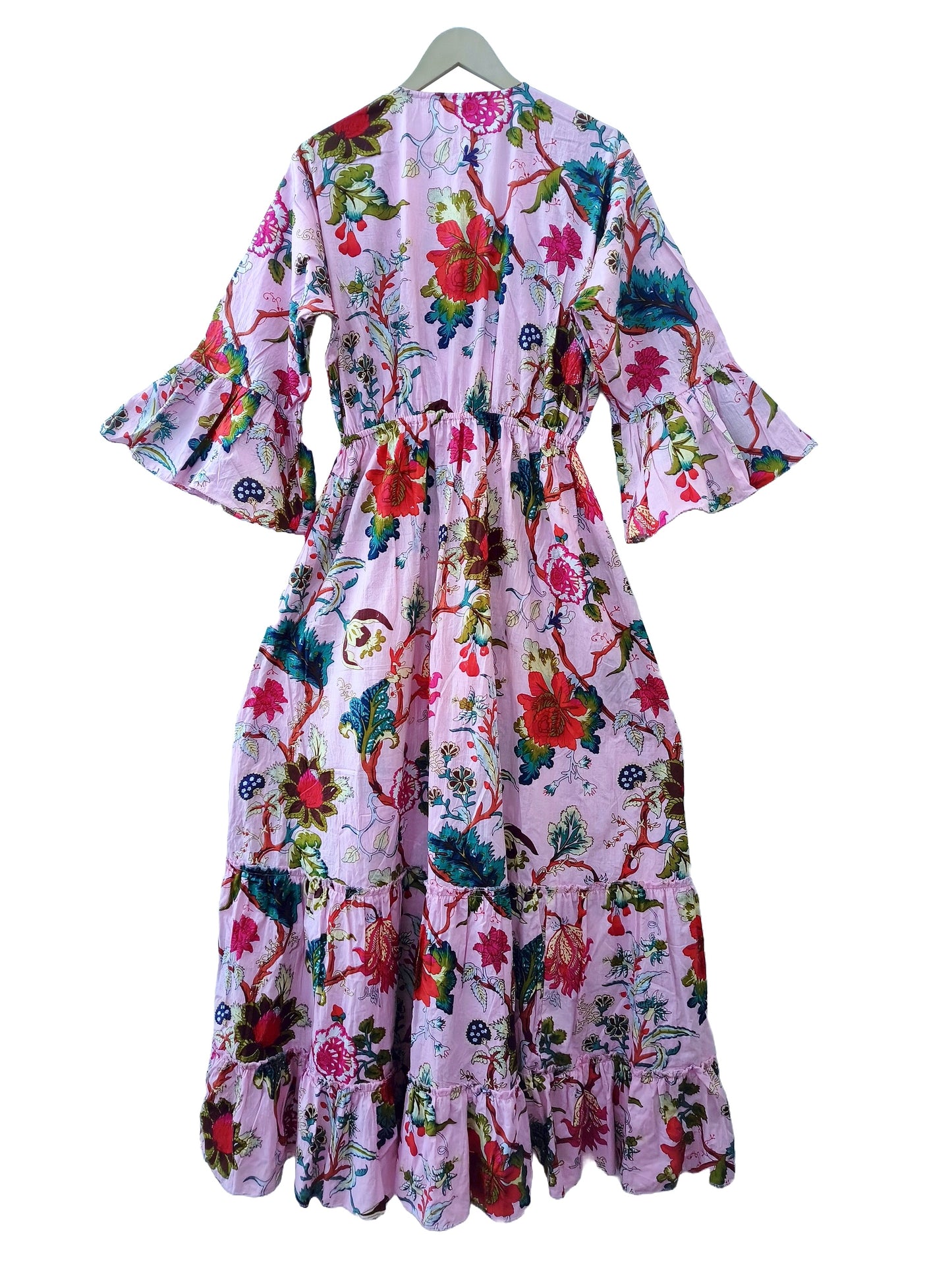 Indian Cotton Floral Print beach Cover up Pink Blouson Summer Party Wear Dress