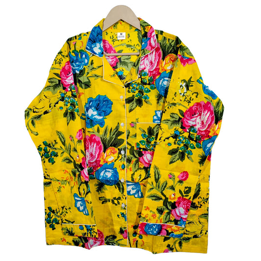 Handicraft Trend Yellow Floral Lightweight Print Pajamas Women Cotton Nightsuit