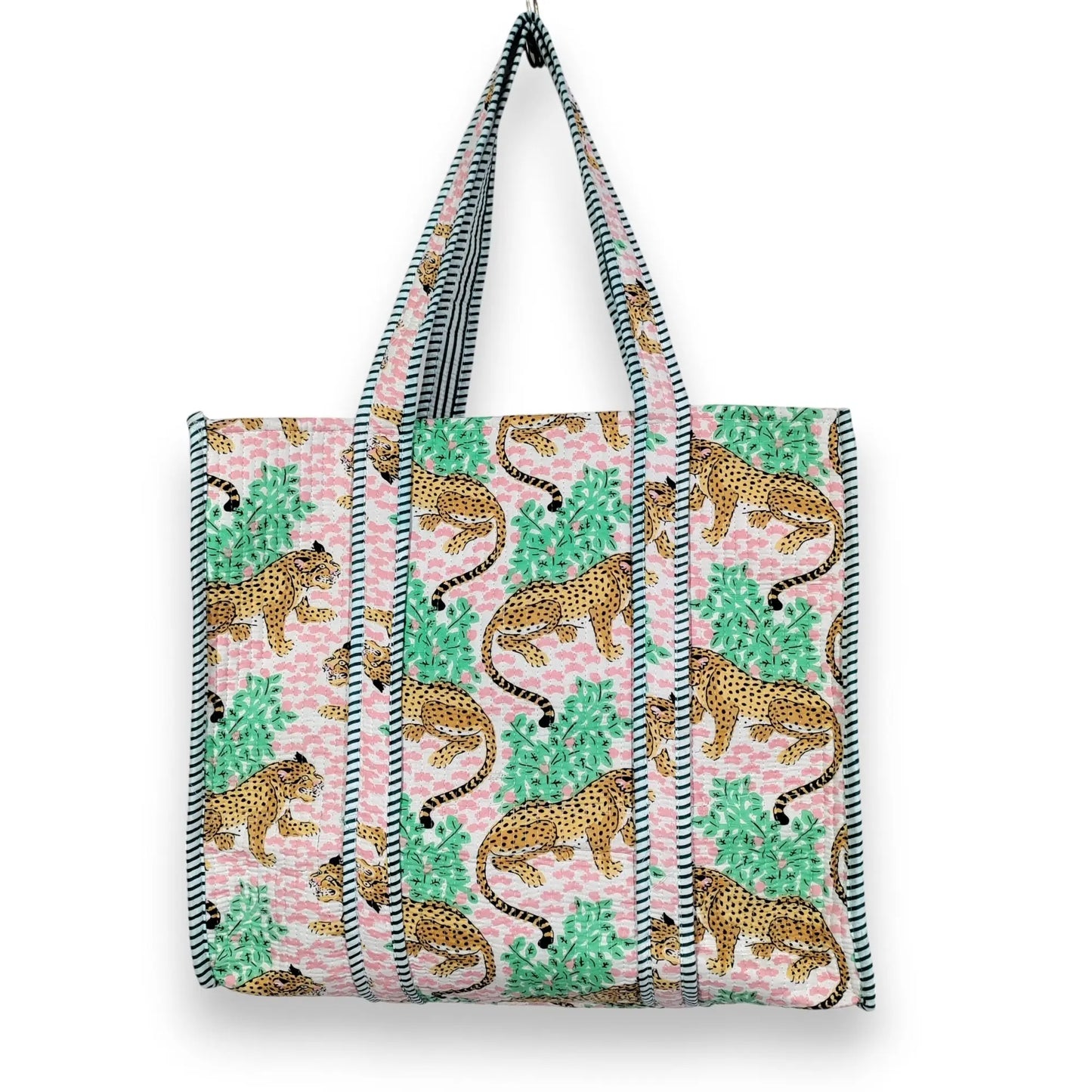 Women Cotton Baagh Tiger Printed Shopping Grocery & Beach Quilted Bag Shoulder Travel Tote Bag Gift for Her - Handicraft Trend