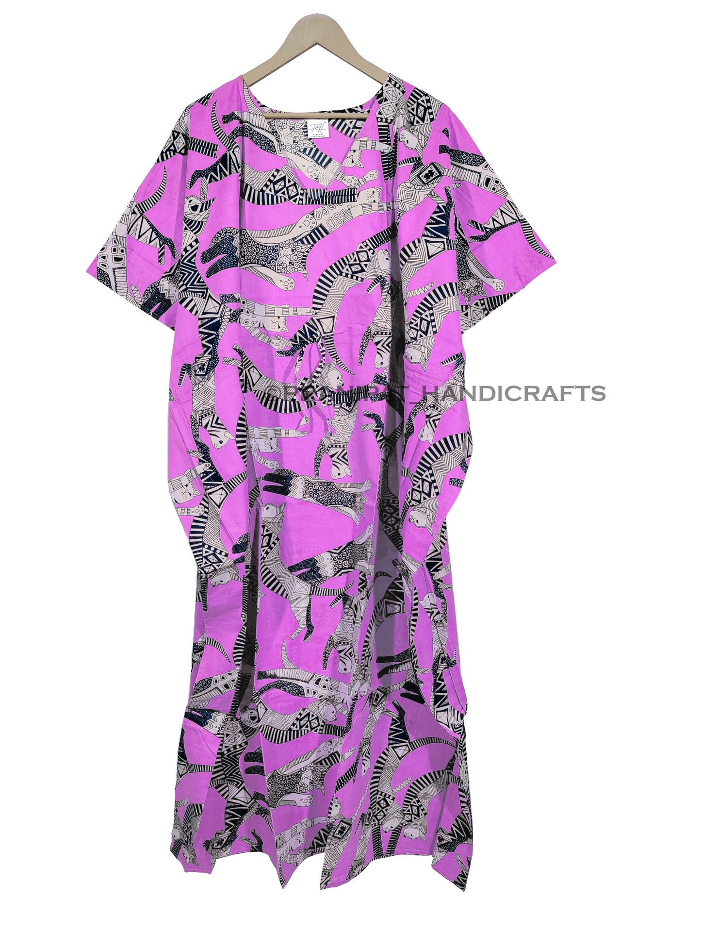 Handicraft Trend Egyptian Cat Print Beach Dress 100% Cotton Maxi cover up Sleepwear Women Hippie Caftan Dress