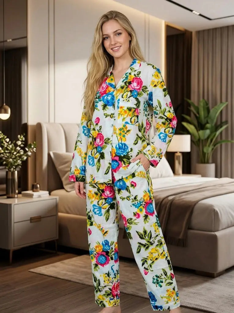 Women 100% Cotton Soft Floral Pajama Set Lightweight Summer Sleepwear Handicraft Trend