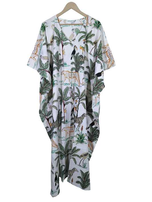 Handicraft Trend Monkey Print Beach Dress 100% Cotton Maxi cover up Sleepwear Women Hippie Caftan Dress