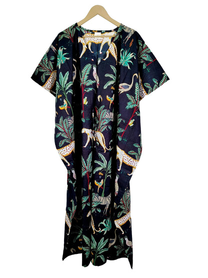 Handicraft Trend Monkey Print Beach Dress 100% Cotton Maxi cover up Sleepwear Women Hippie Caftan Dress - Handicraft Trend