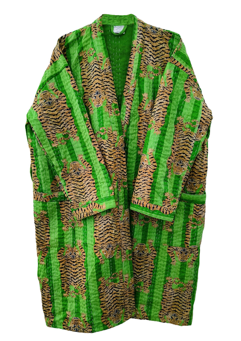 Women Tibetan Tiger Print Cotton Front Open Lightweight Hippie Kantha Kimono Jacket