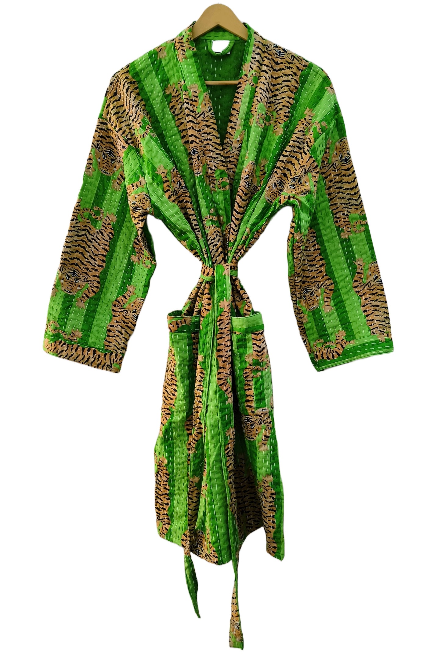Women Tibetan Tiger Print Cotton Front Open Lightweight Hippie Kantha Kimono Jacket