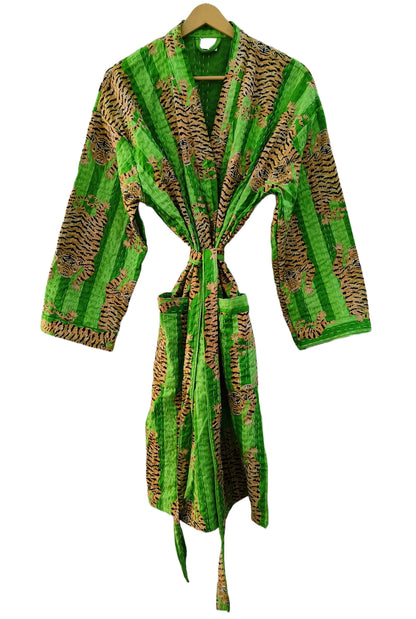 Women Tibetan Tiger Print Cotton Front Open Lightweight Hippie Kantha Kimono Jacket