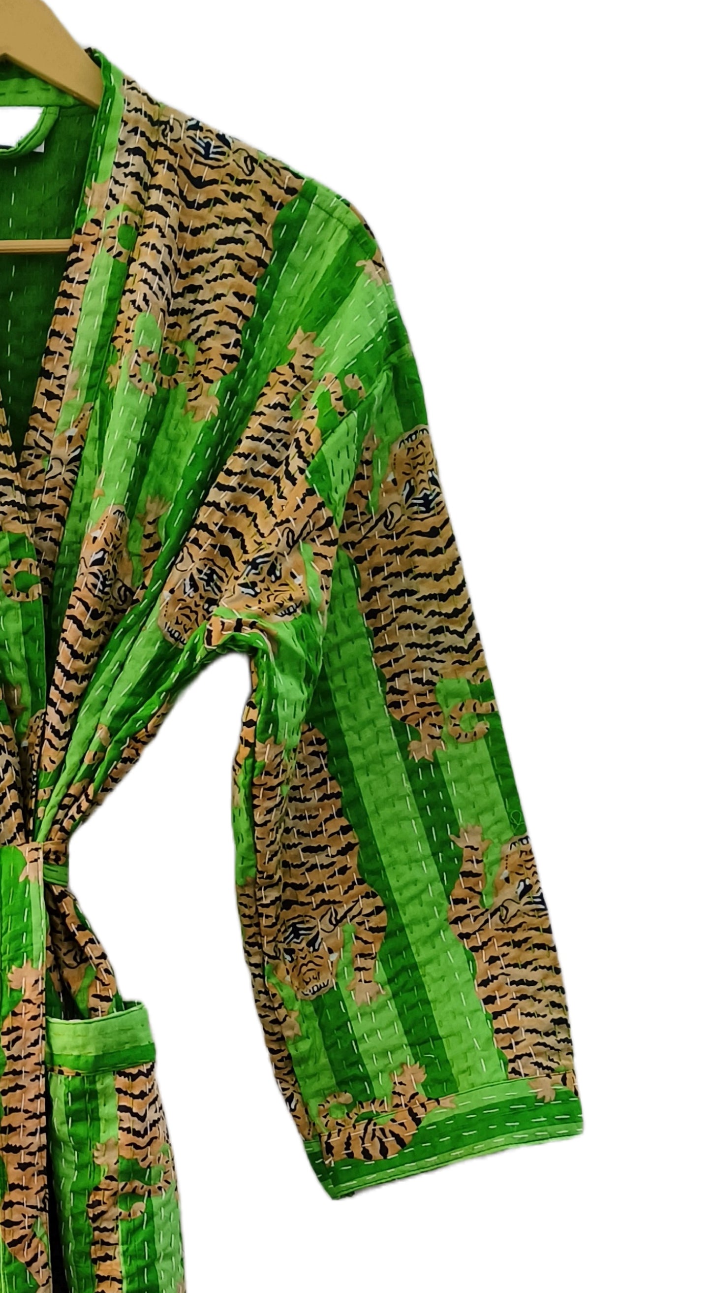 Women Tibetan Tiger Print Cotton Front Open Lightweight Hippie Kantha Kimono Jacket
