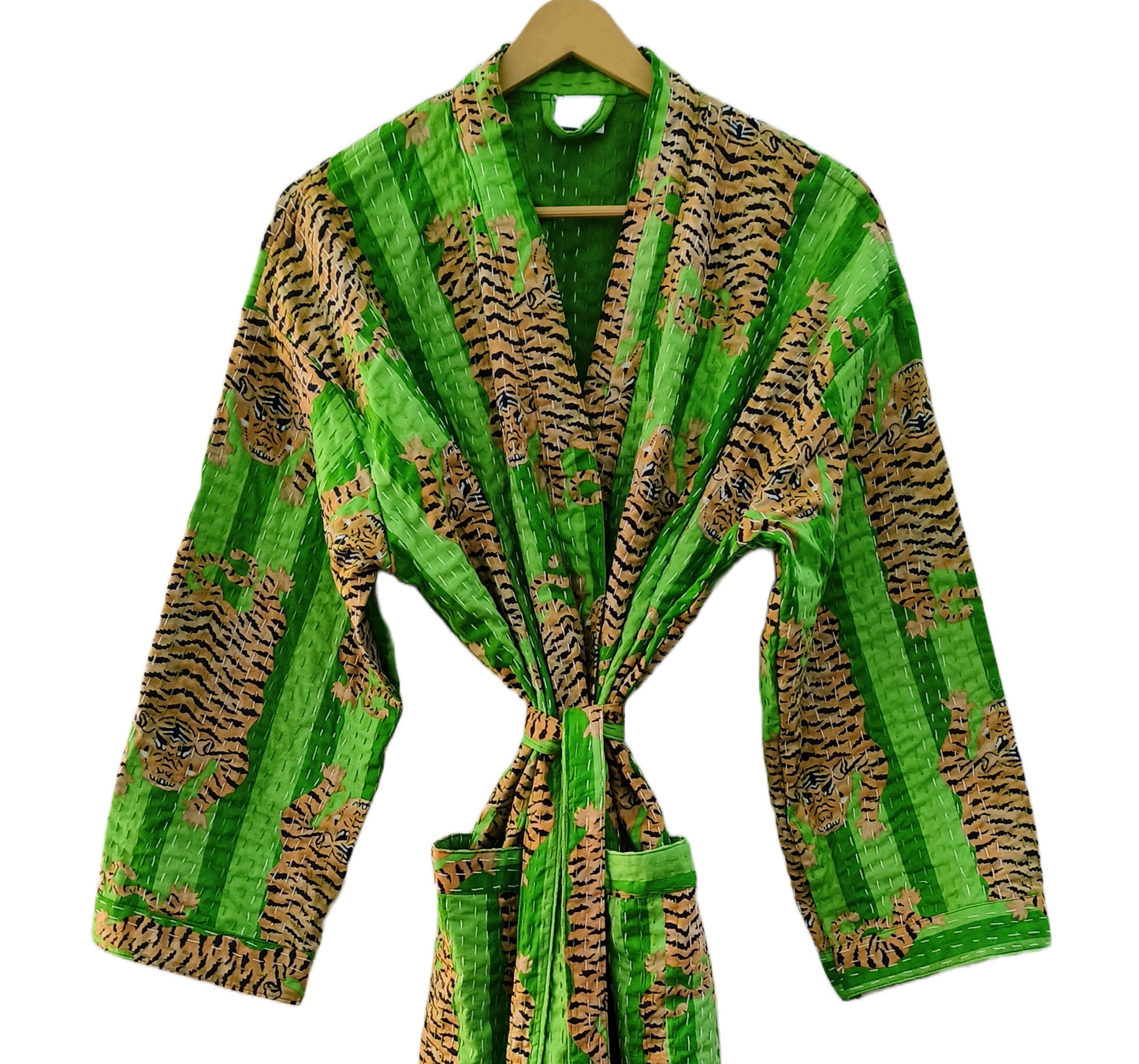 Women Tibetan Tiger Print Cotton Front Open Lightweight Hippie Kantha Kimono Jacket