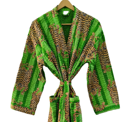 Women Tibetan Tiger Print Cotton Front Open Lightweight Hippie Kantha Kimono Jacket