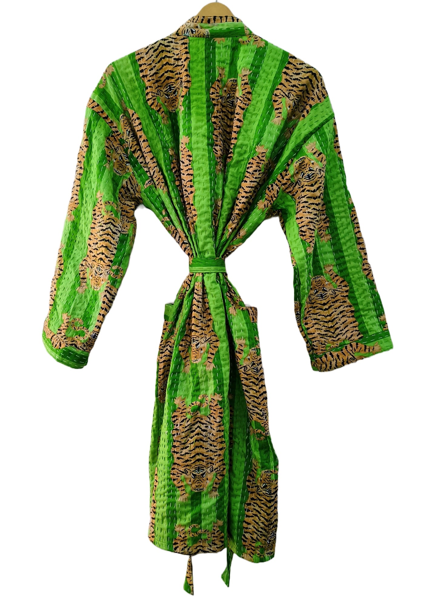 Women Tibetan Tiger Print Cotton Front Open Lightweight Hippie Kantha Kimono Jacket