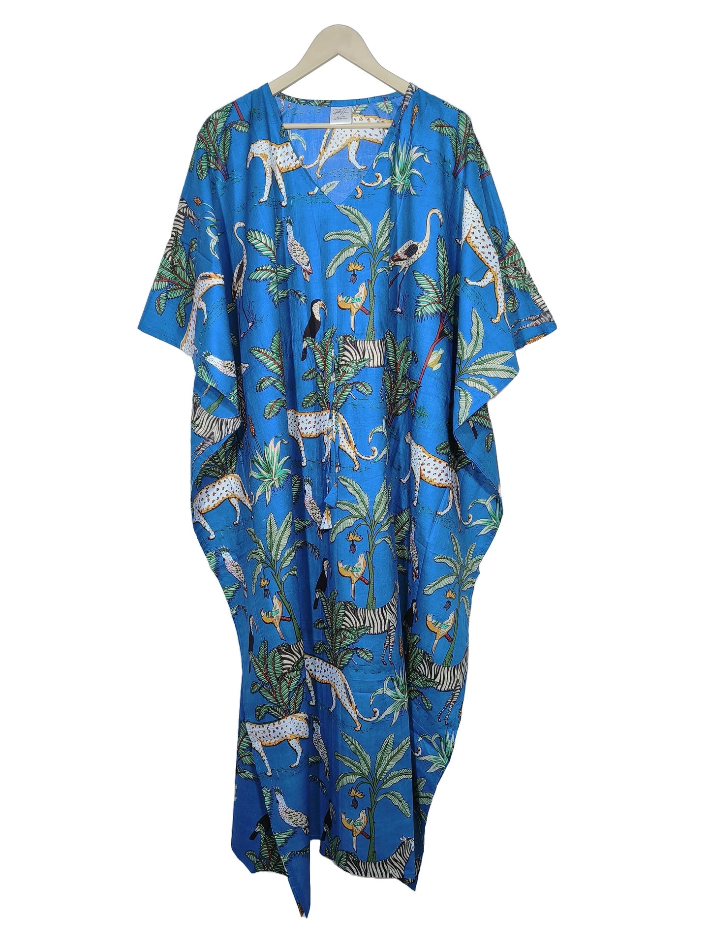 Indian Animal Print 100% Cotton Blue Maxi Lightweight Sleepwear Caftan Dress