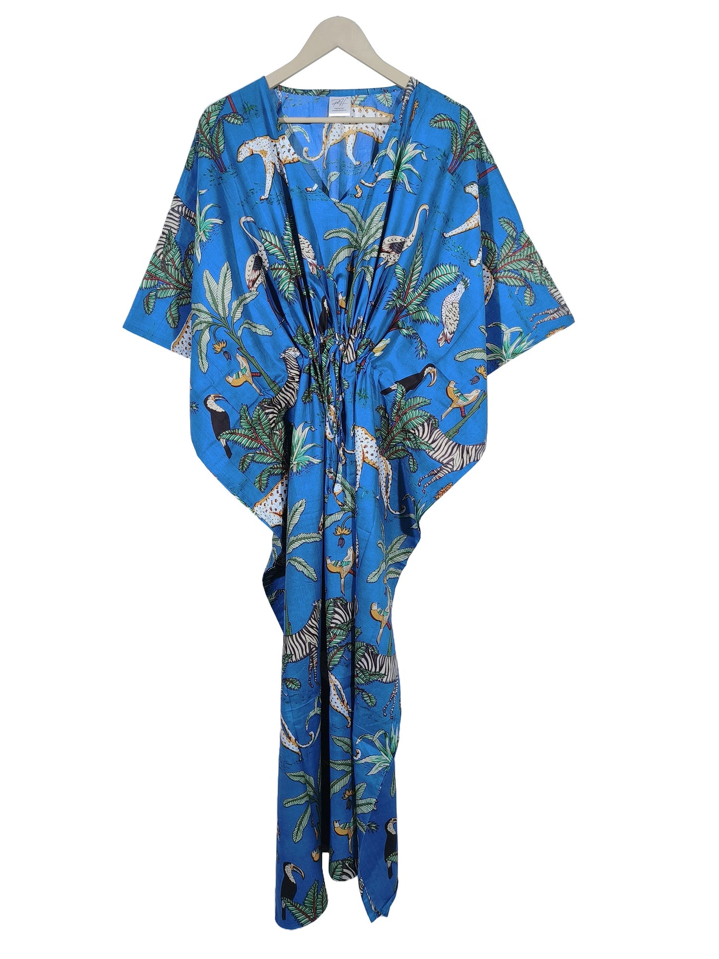 Indian Animal Print 100% Cotton Blue Maxi Lightweight Sleepwear Caftan Dress
