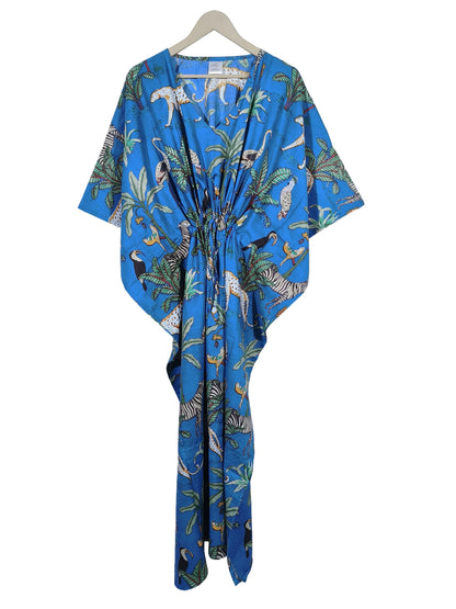 Indian Animal Print 100% Cotton Blue Maxi Lightweight Sleepwear Caftan Dress