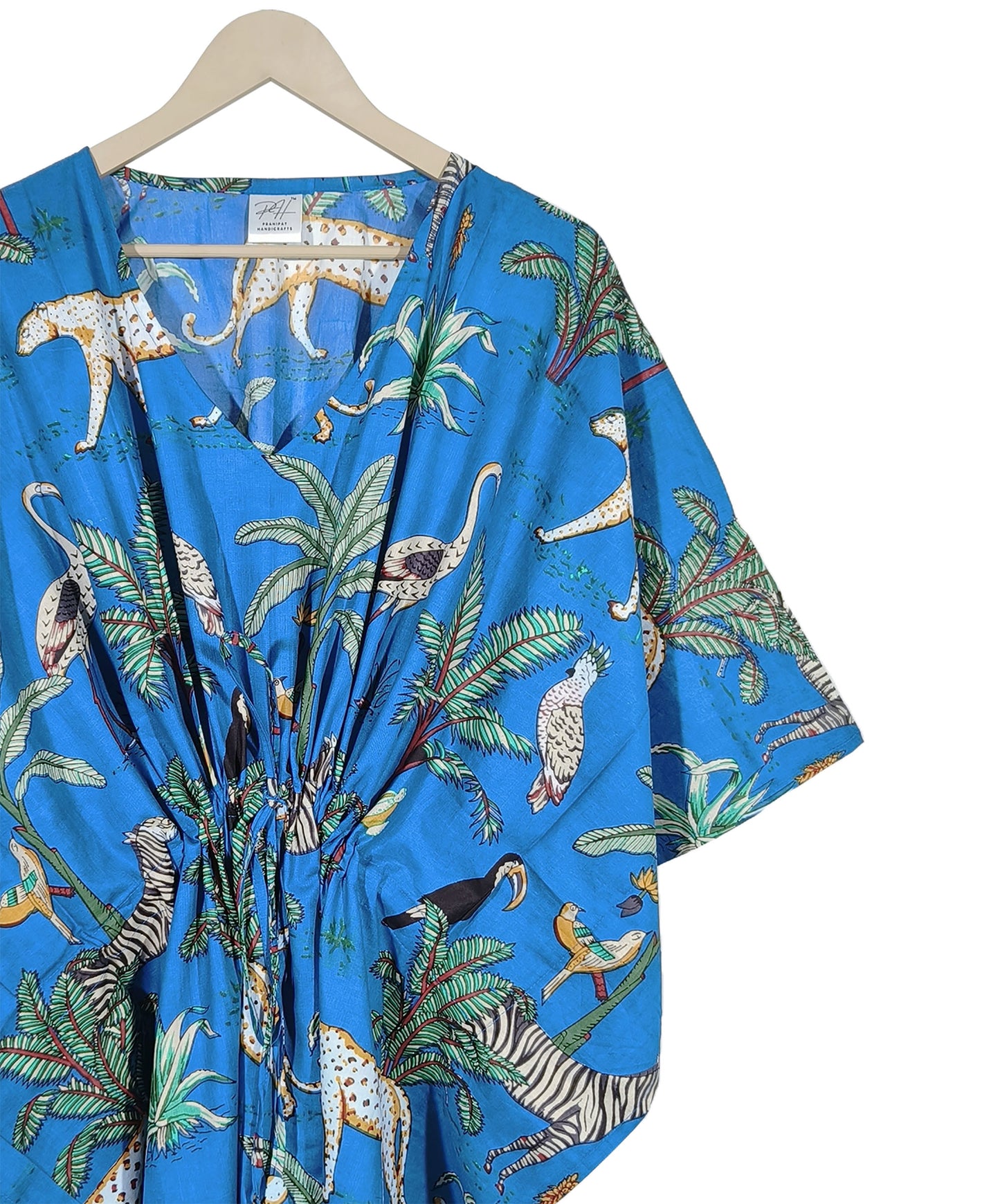 Indian Animal Print 100% Cotton Blue Maxi Lightweight Sleepwear Caftan Dress