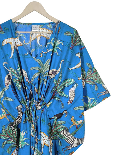 Indian Animal Print 100% Cotton Blue Maxi Lightweight Sleepwear Caftan Dress