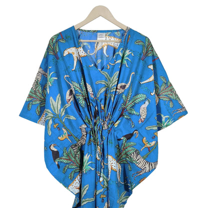 Indian Animal Print 100% Cotton Blue Maxi Lightweight Sleepwear Caftan Dress