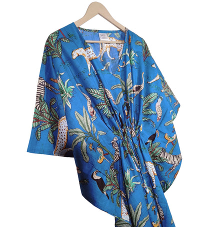 Indian Animal Print 100% Cotton Blue Maxi Lightweight Sleepwear Caftan Dress