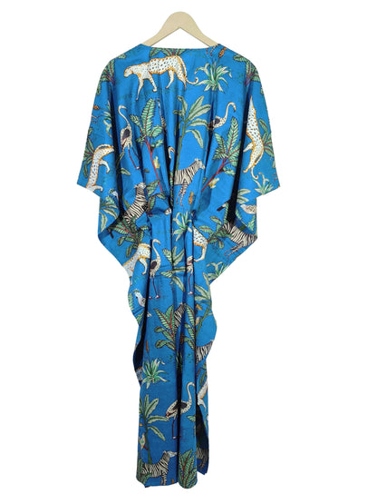 Indian Animal Print 100% Cotton Blue Maxi Lightweight Sleepwear Caftan Dress